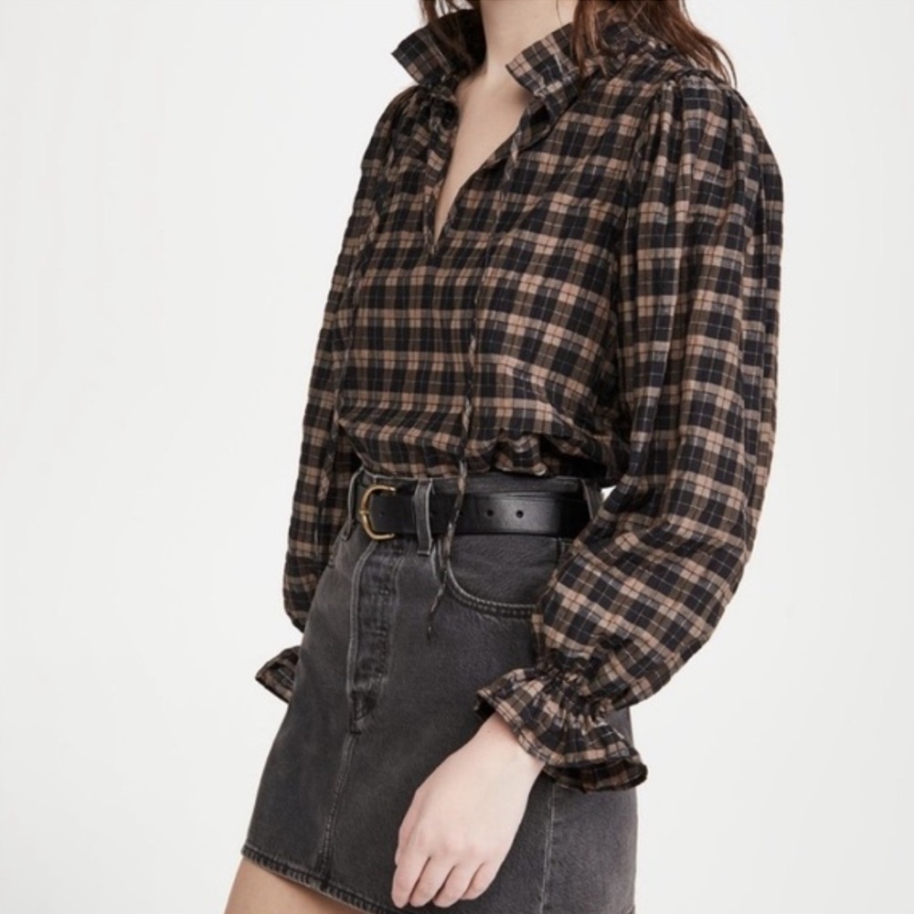 Ganni Seersucker Blouse Plaid Brown/Black Ruffle Elastic Cuff
Relaxed Fit